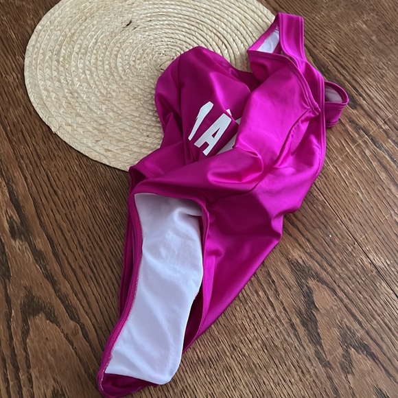 Just Married Spell Out Rare Hot Pink Swimsuit Size Small - Picture 7 of 8